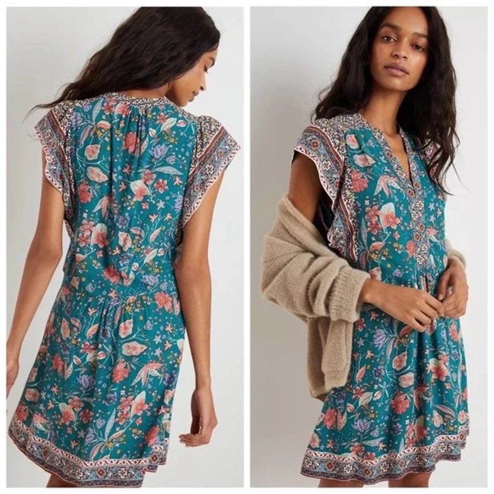 Anthropologie Zenia Floral Flutter Sleeve V-Neck Mini Dress Teal Size M